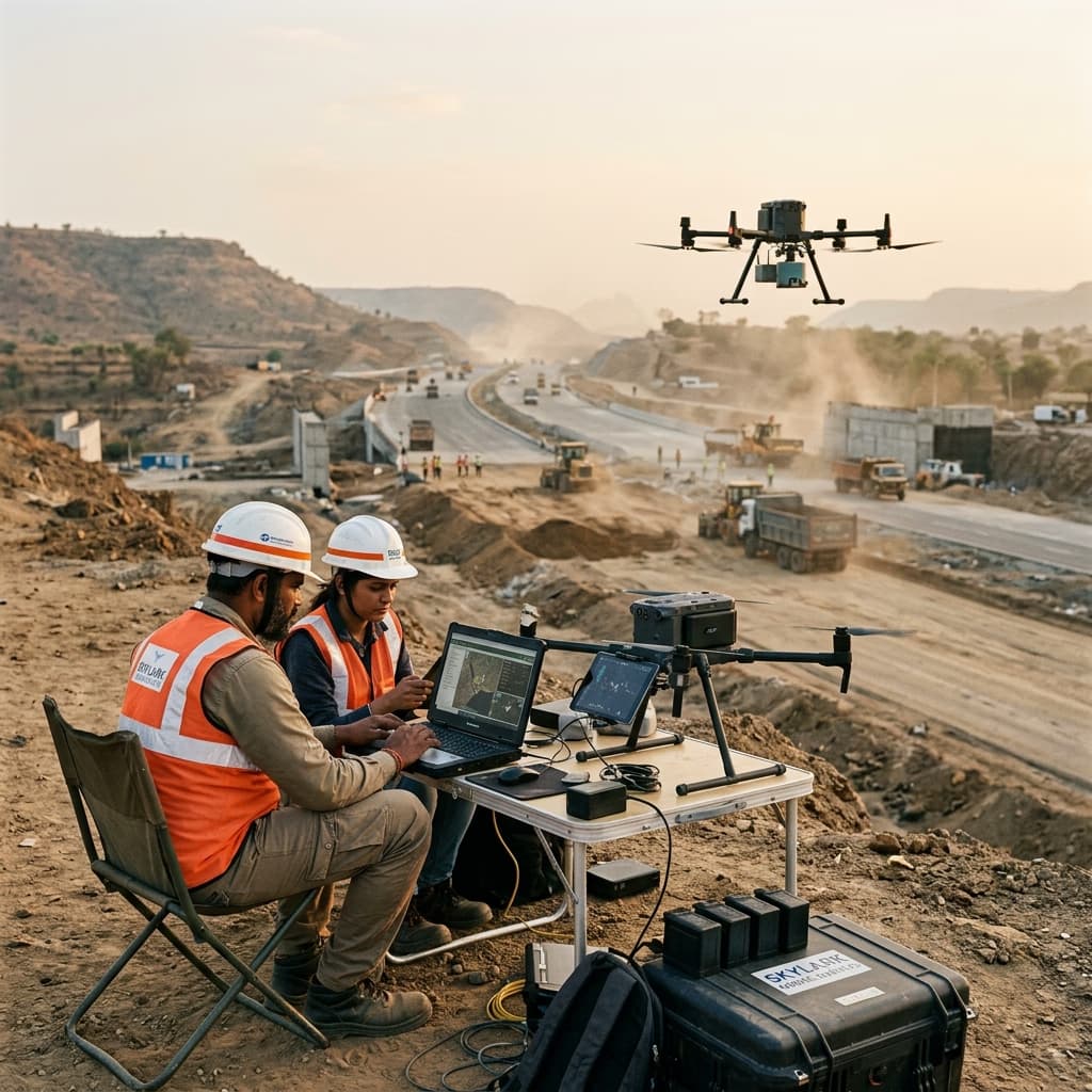 Drone survey operation in progress on a large infrastructure site